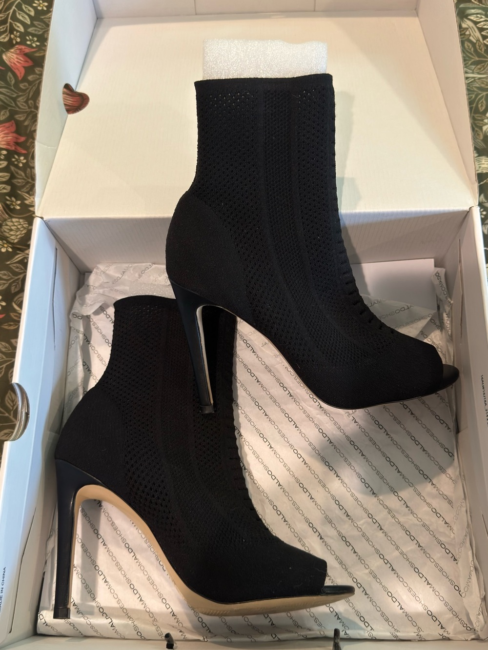 Aldo Black Knit Peep-Toe Stiletto Sock Booties